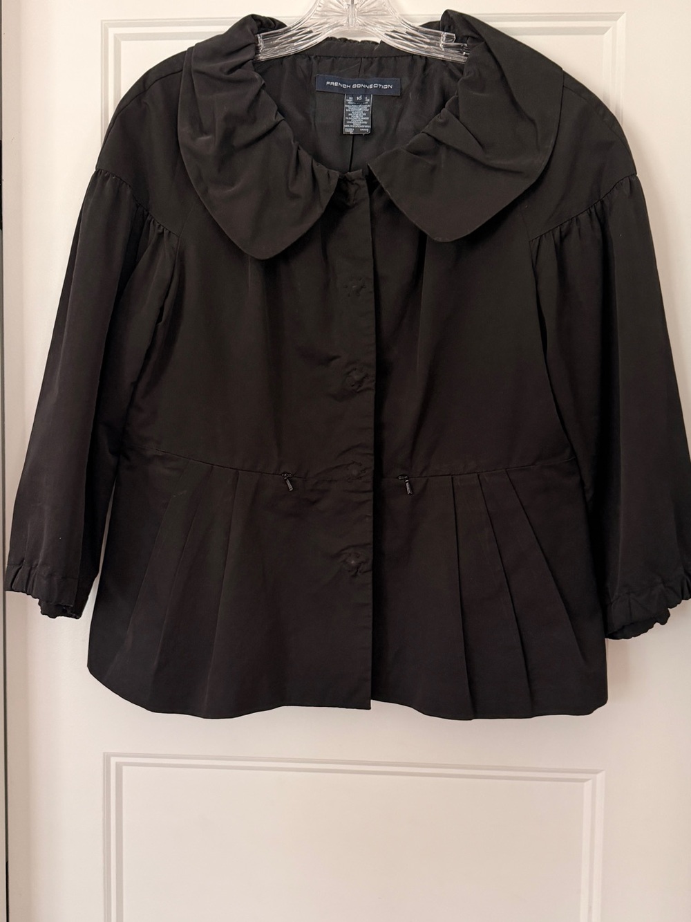 French Connection Black Pleated Pea Coat with Rounded Collar